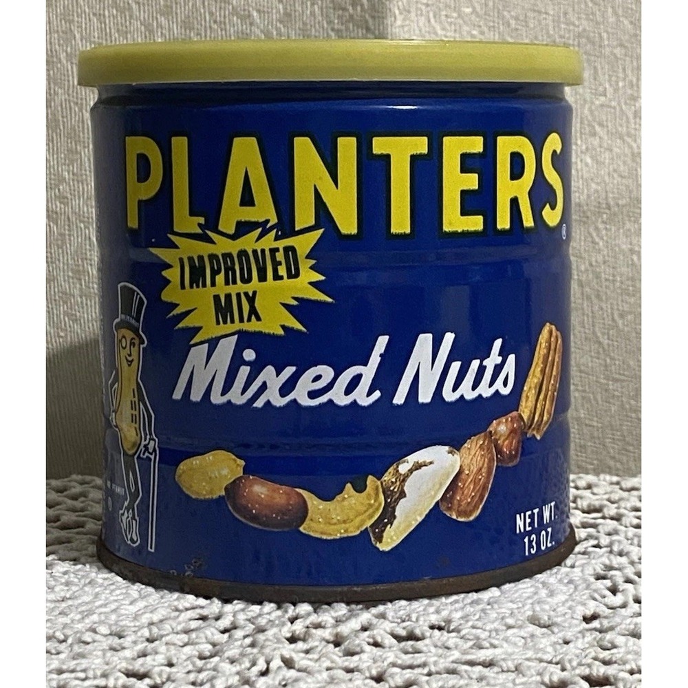 Vintage Planters Mixed Nuts Lithograph Mr Peanut Blue Yellow Tin Can 13 oz